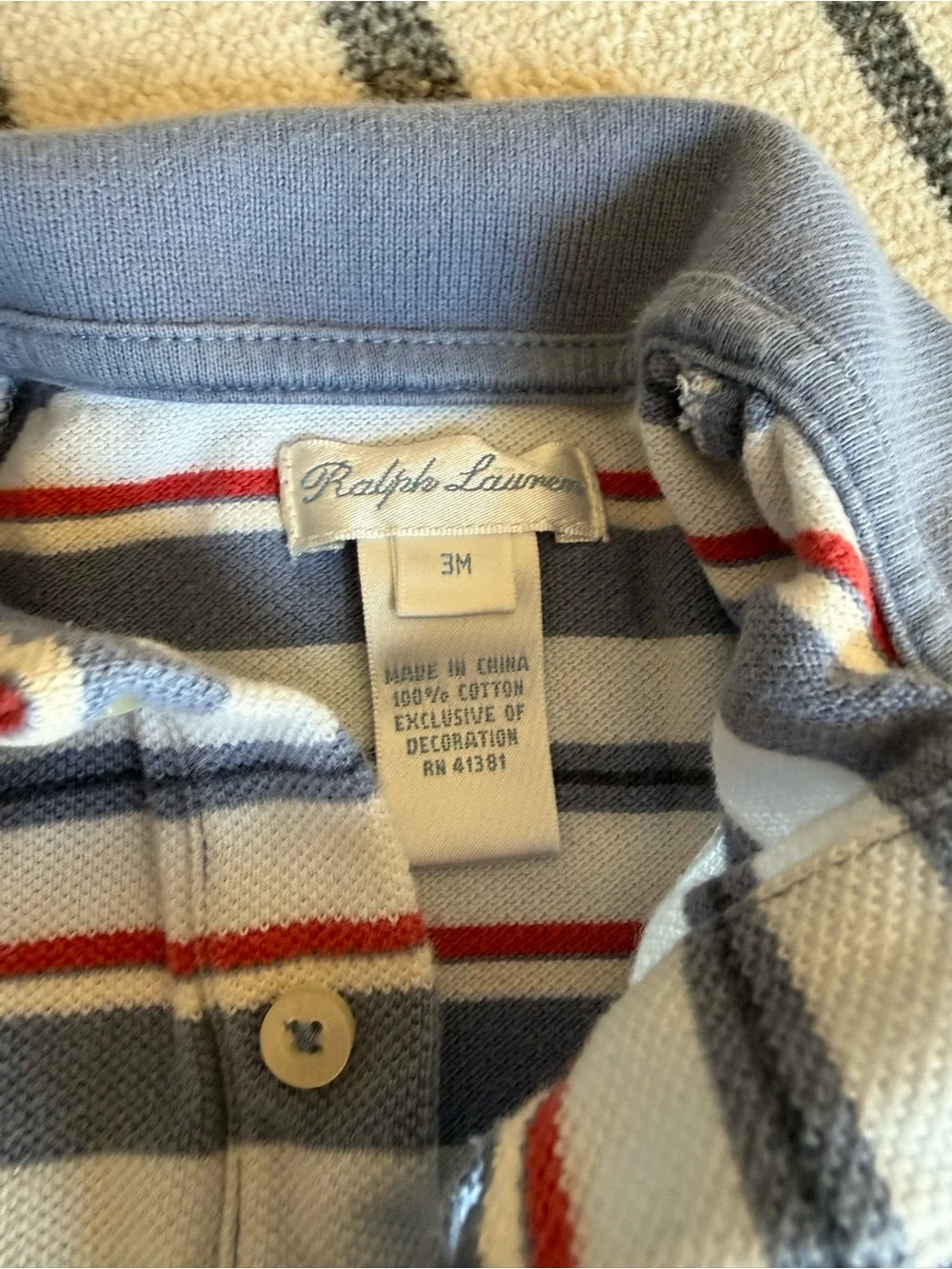 Ralph Lauren Blue, White & Red Striped Polo Baby One-Piece